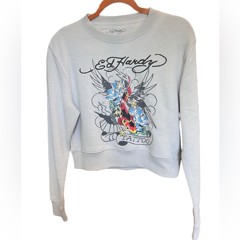Ed Hardy Women's Light Koi Fish Gray Tattoo Crop Graphic Sweatshirt